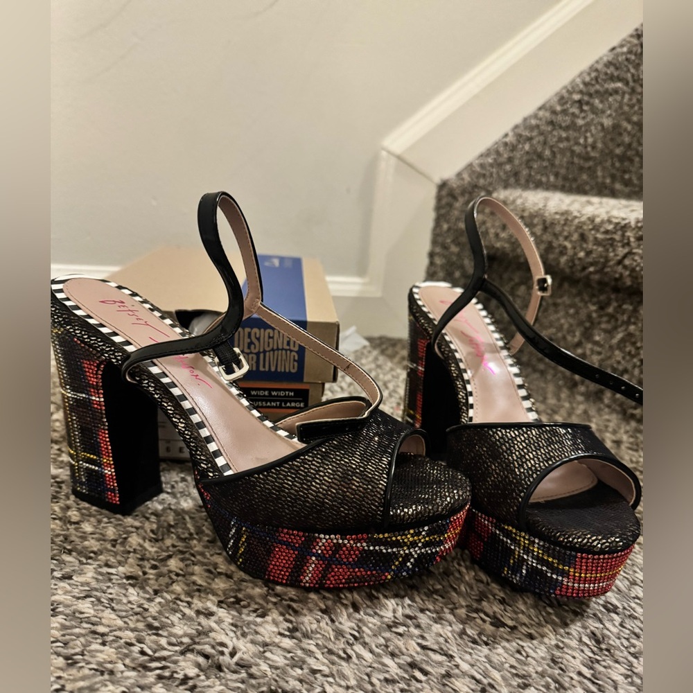 Betsey Johnson Alaia Platform Sparkly Plaid Heels